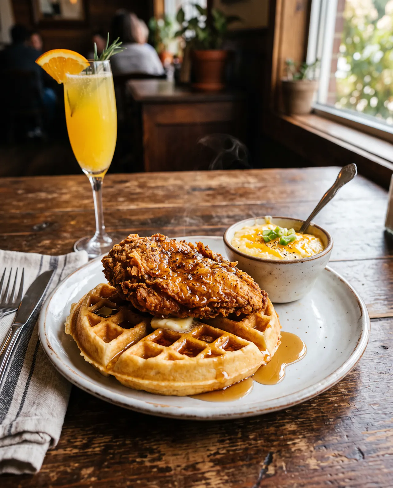 Crispy fried chicken on a golden waffle with syrup, a side of cheese grits and a mimosa