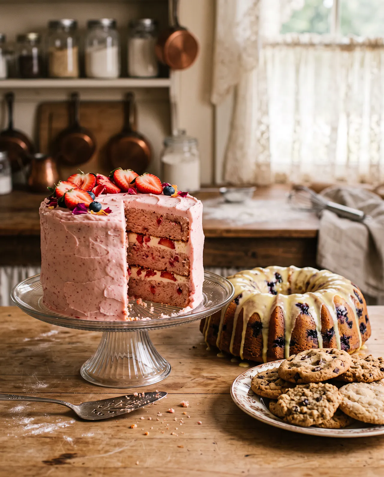 Layered strawberry cake, lemon-blueberry bundt and cookies